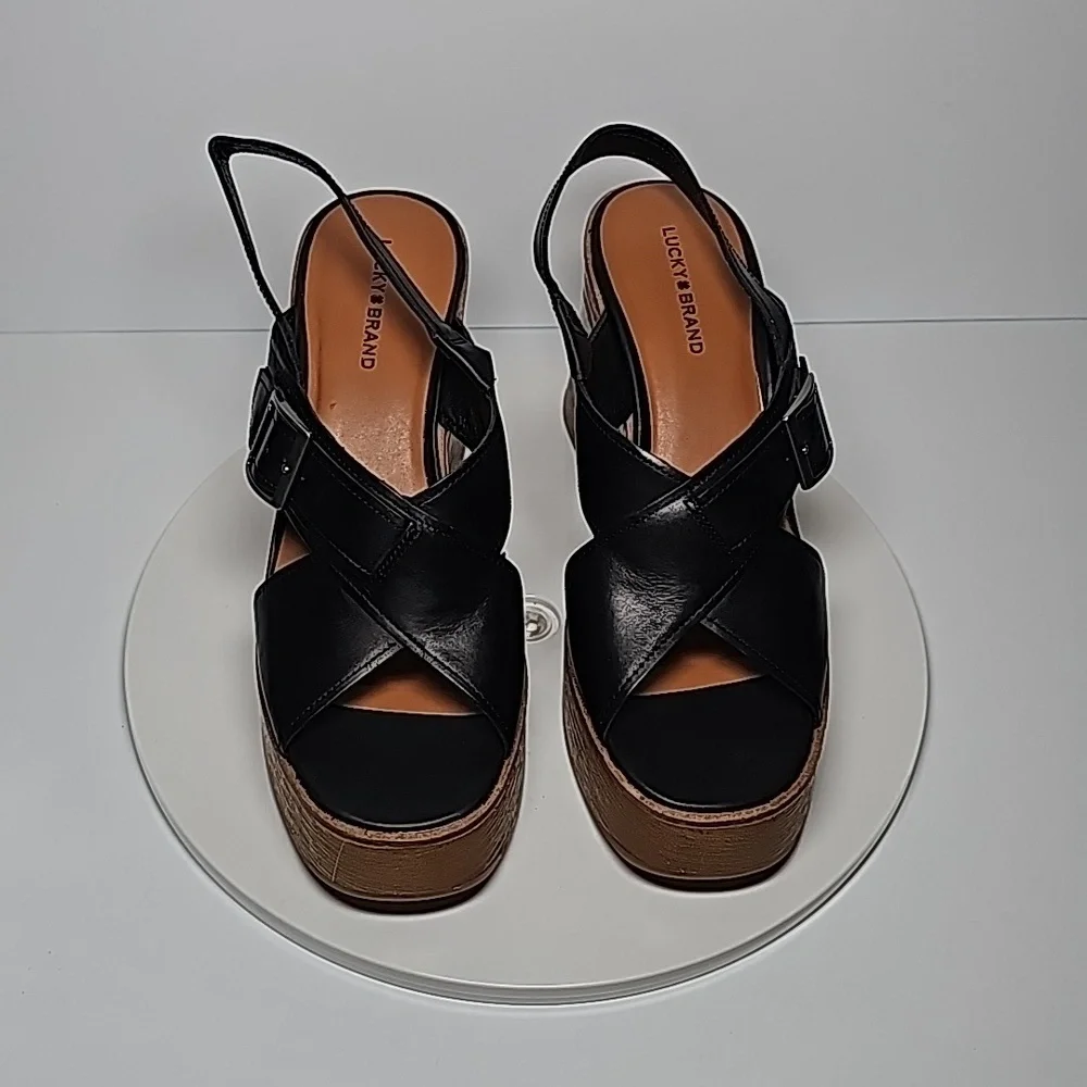 Lucky Brand Delaynee Black Leather Platform Wedge Sandals 8.5 NWOT Boho Resort